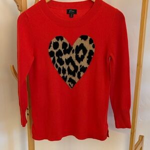 J. Crew Cashmere Red Sweater with Leopard Heart